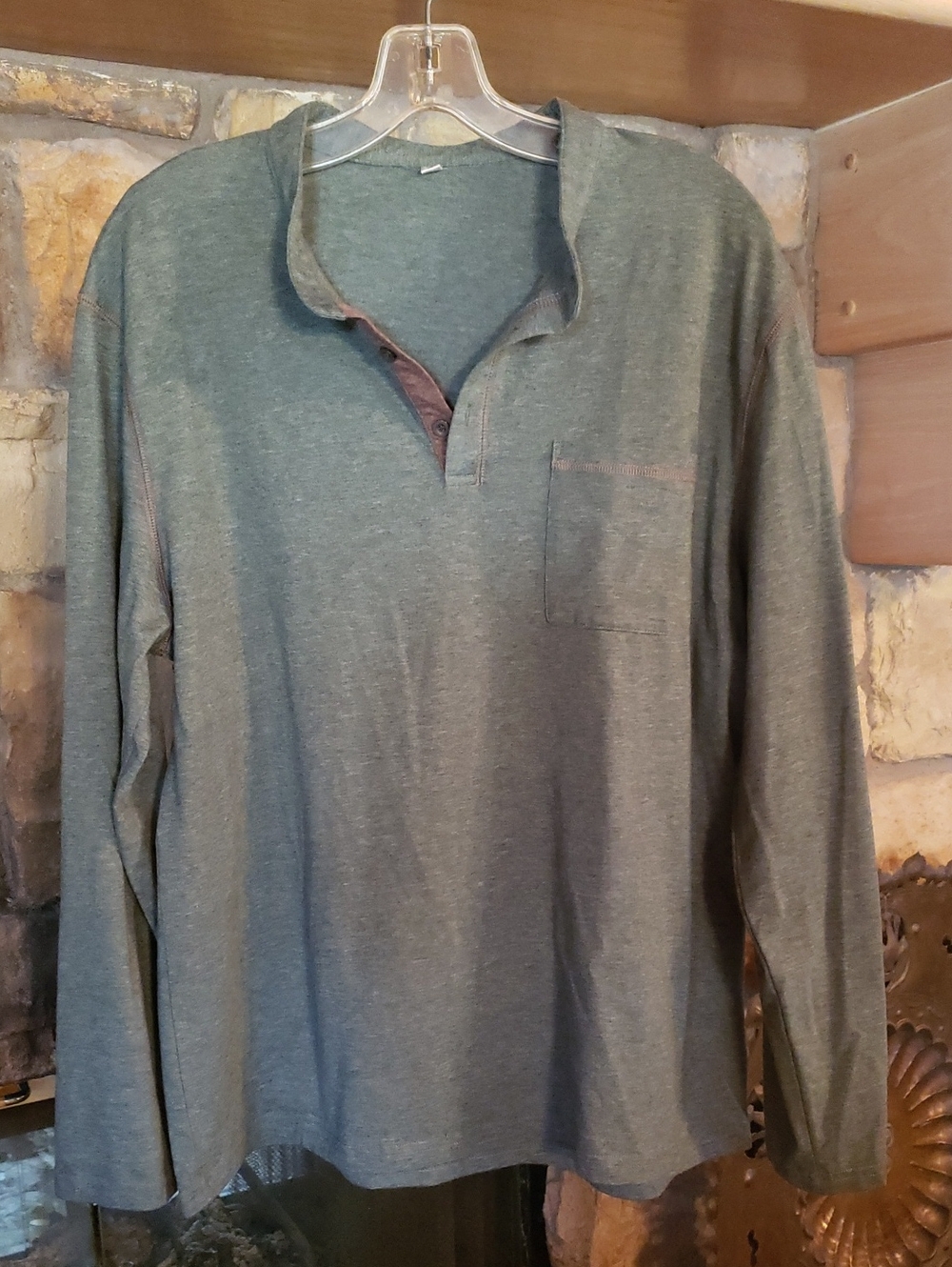 Source Unknown Men's Long-Sleeve Henley in Green with Brown Placket